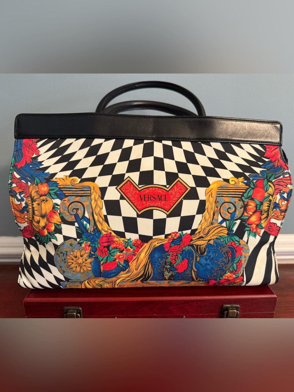 Authentic Versace Chess Baroque Illusion Satchel - Rare 90s Vintage Bag with COA
